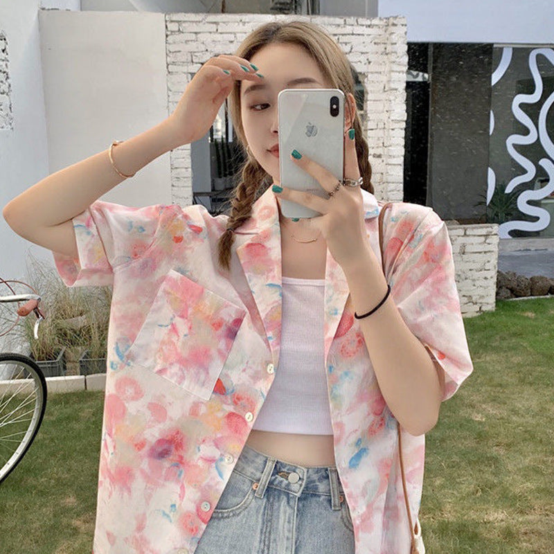 Women's Tie-Dye Polo Collar Loose Fit Short Sleeve Shirt
