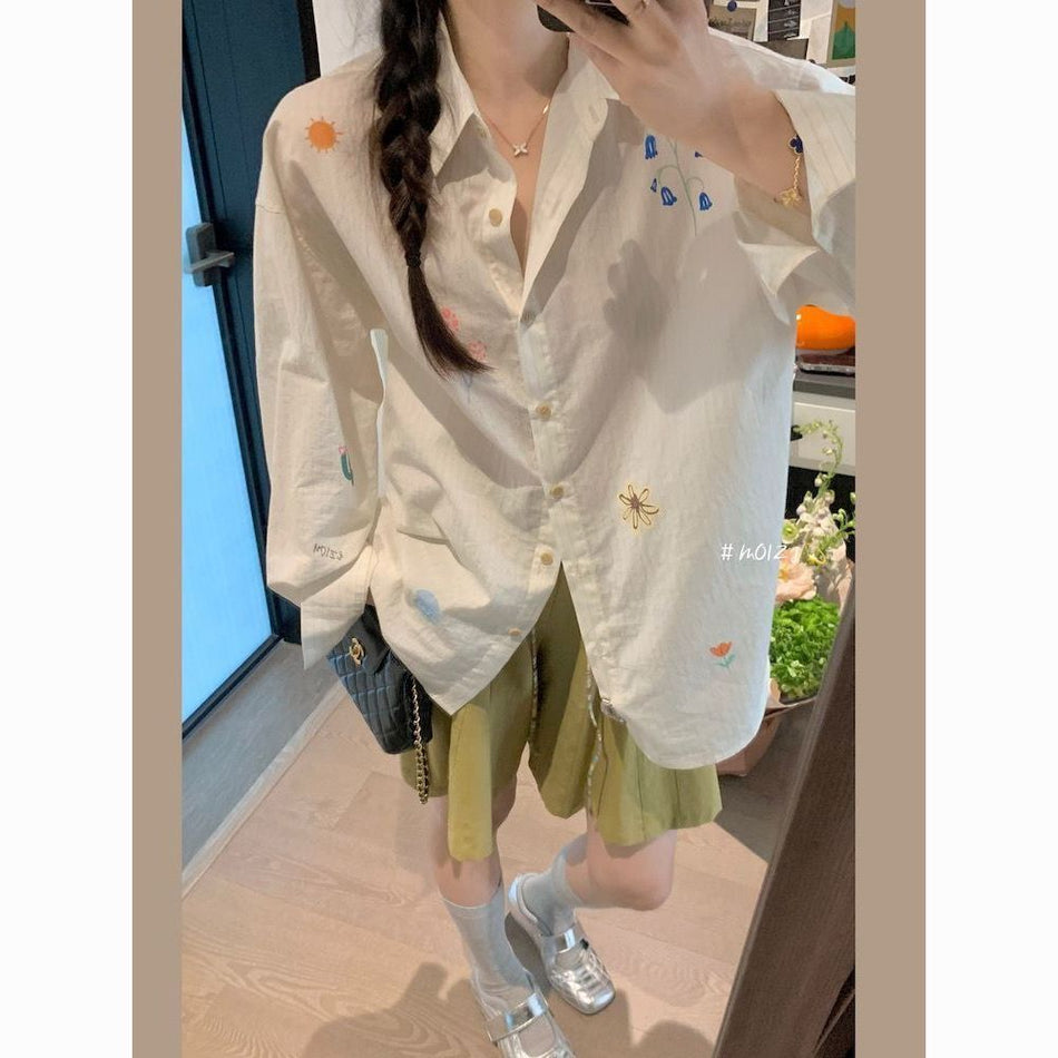 Women's Embroidered Striped Long Sleeve Polo Collar Shirt