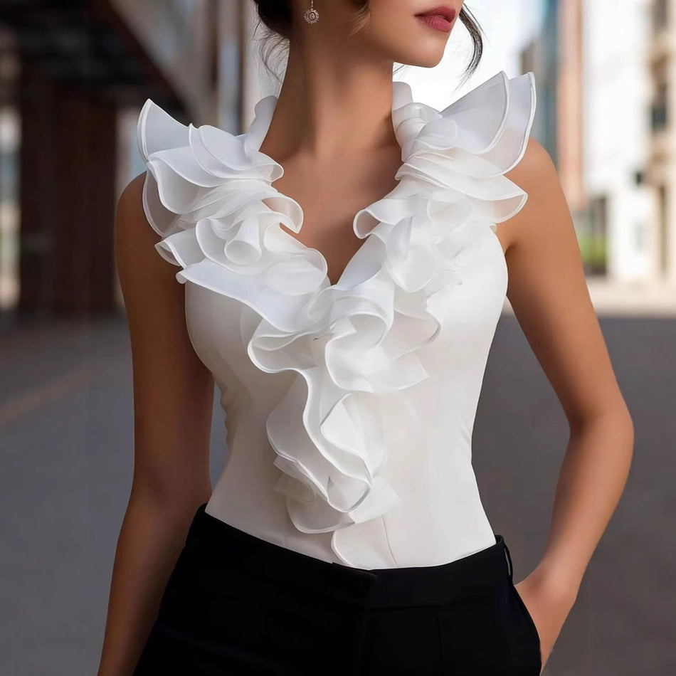 Women's Ruffle V-Neck Sleeveless Slim Fit Elegant Blouse