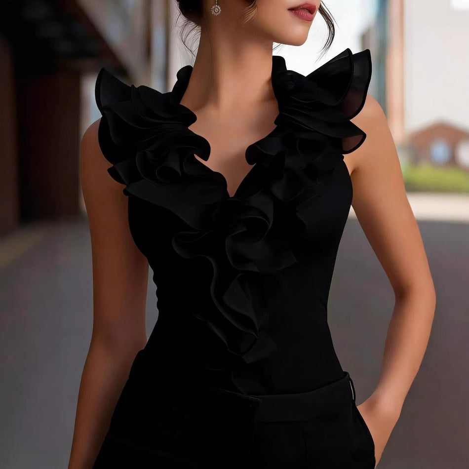Women's Ruffle V-Neck Sleeveless Slim Fit Elegant Blouse