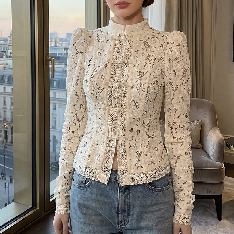 Women's Lace Stand Collar Slim Fit Long Sleeve Elegant Shirt