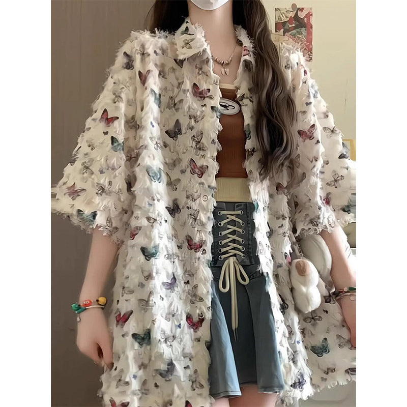 Women's Butterfly Stand Collar Loose Fit Short Sleeve Shirt
