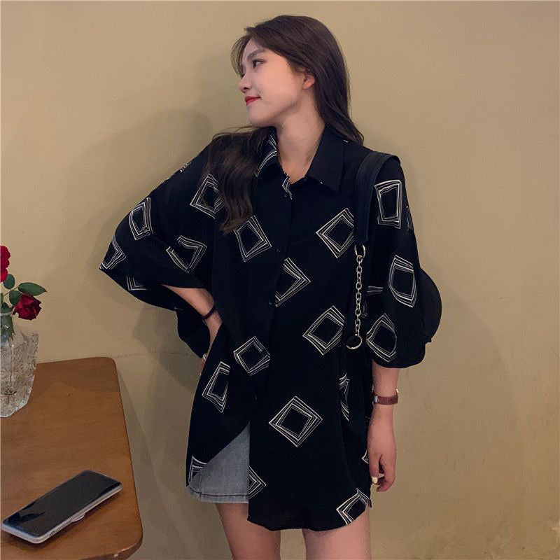 Women's Retro Floral Loose Fit Short Sleeve Polo Collar Shirt