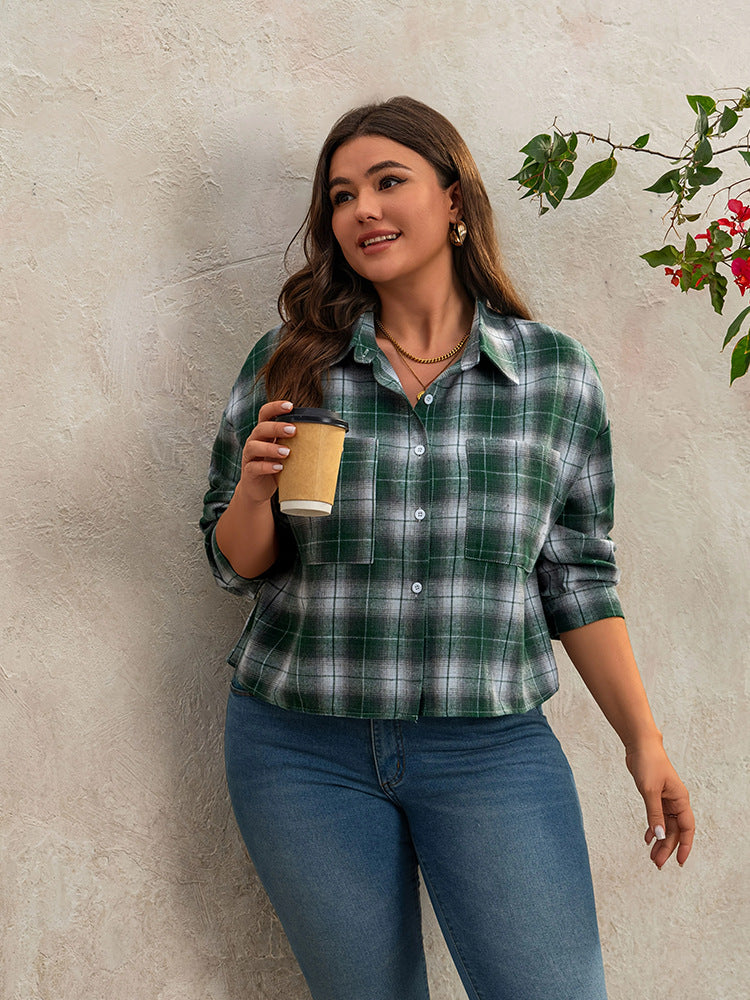 Women's Green Plaid Long Sleeve Casual Button-Up Shirt