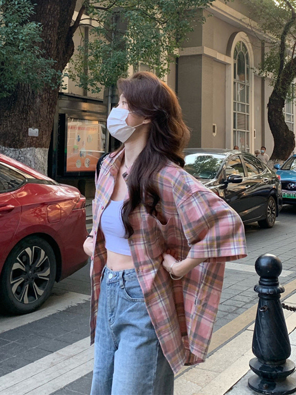 Women's Pink Plaid Loose Fit Short Sleeve Button-Up Shirt