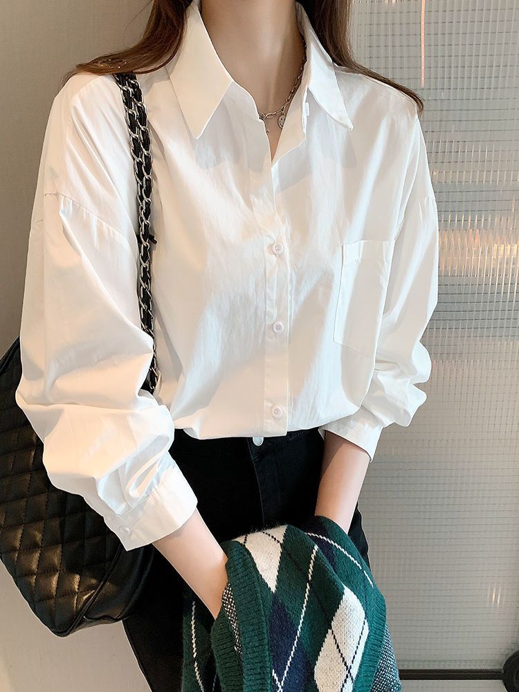 Women's Classic White Long Sleeve Polo Collar Office Shirt