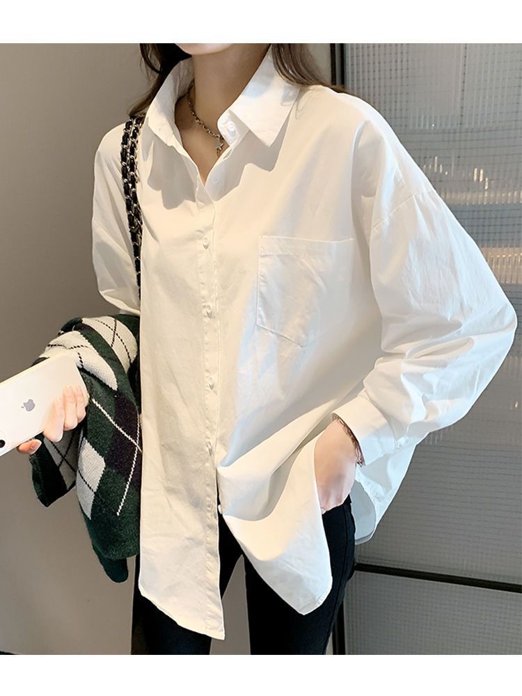 Women's Classic White Long Sleeve Polo Collar Office Shirt