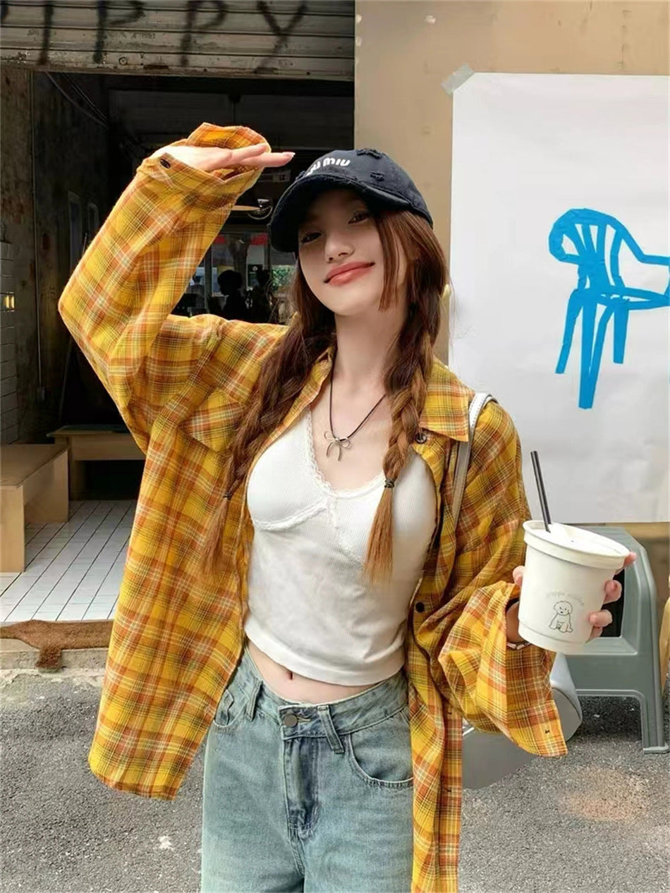 Women's Yellow Plaid Loose Fit Long Sleeve Casual Shirt