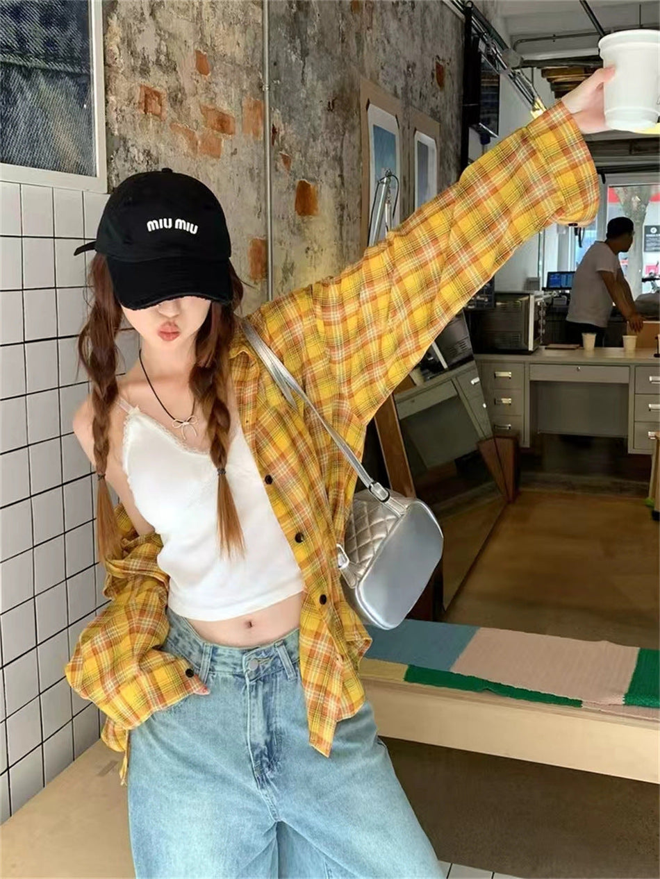Women's Yellow Plaid Loose Fit Long Sleeve Casual Shirt