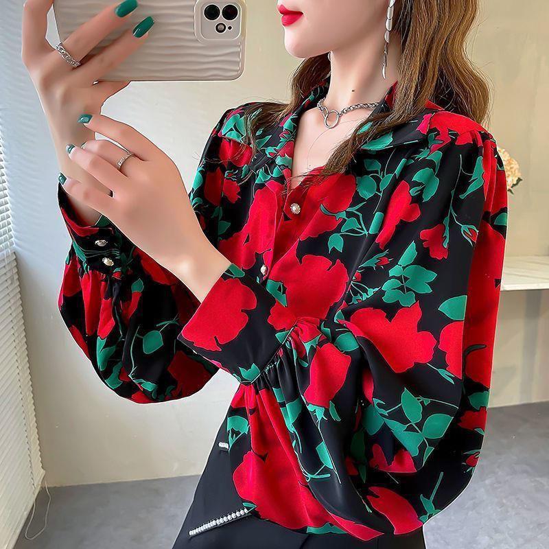 Women's Floral Print Loose Fit Chiffon Button-Up Shirt
