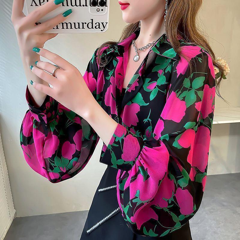 Women's Floral Print Loose Fit Chiffon Button-Up Shirt