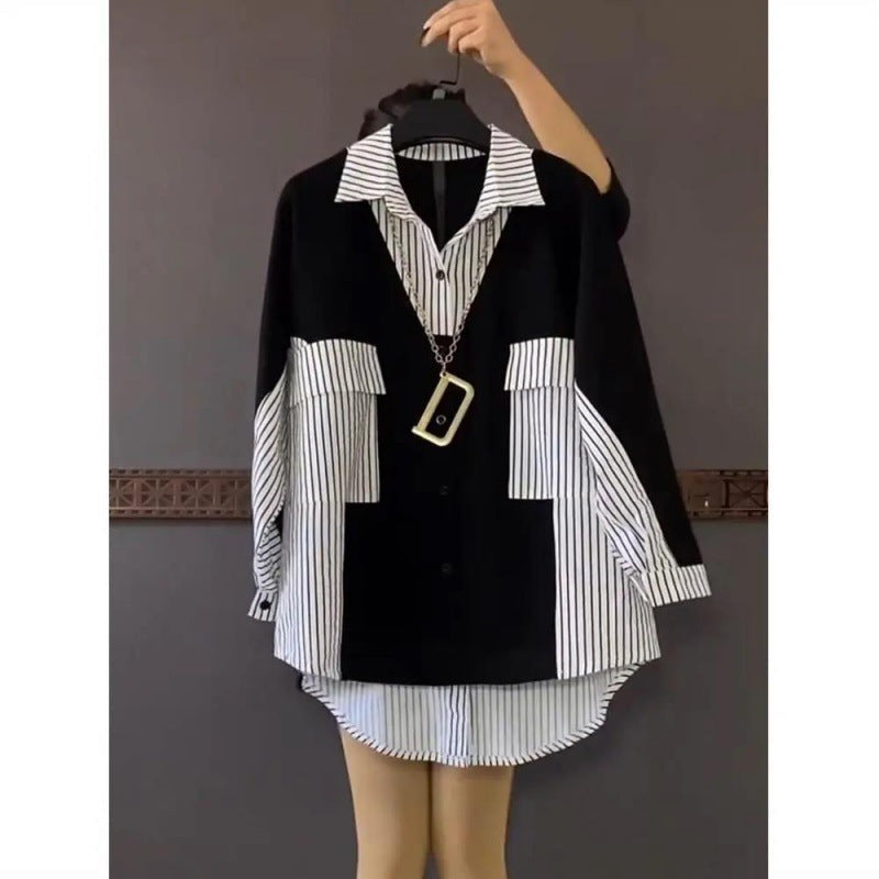 Women's Plus Size Striped Loose Fit Long Sleeve Shirt