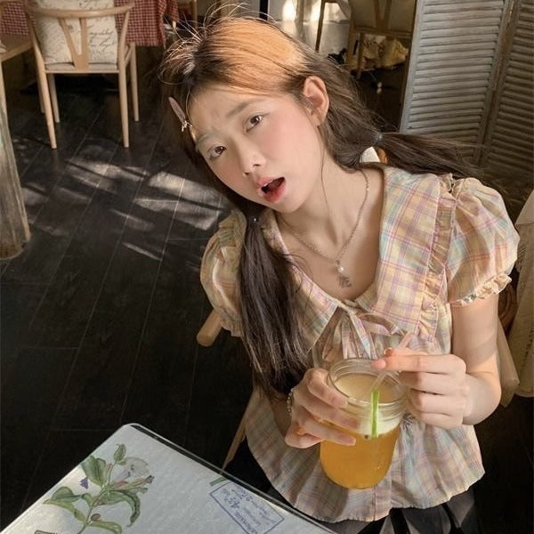 Women's Doll Collar Plaid Loose Fit Short Sleeve Shirt
