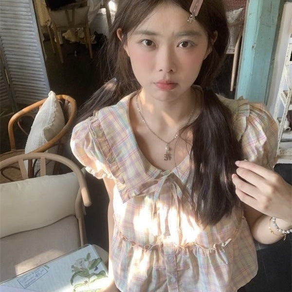 Women's Doll Collar Plaid Loose Fit Short Sleeve Shirt