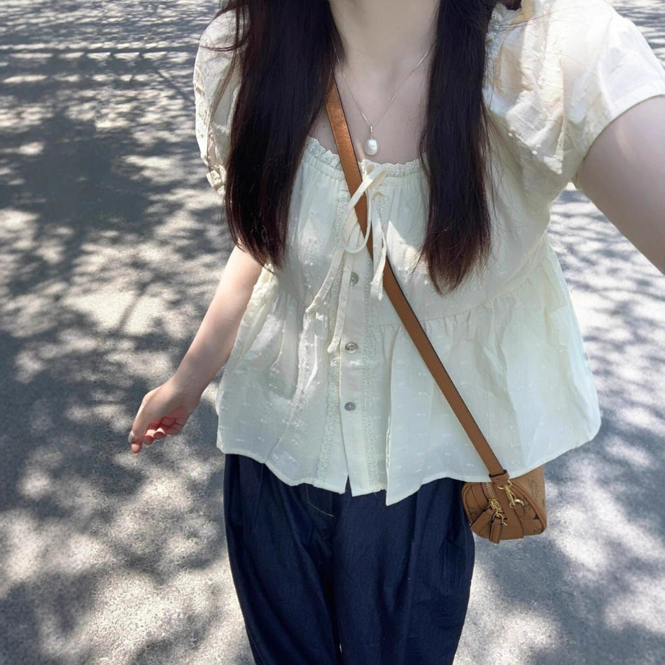 Women's Lace Trim Puff Sleeve Square Neck Chiffon Blouse