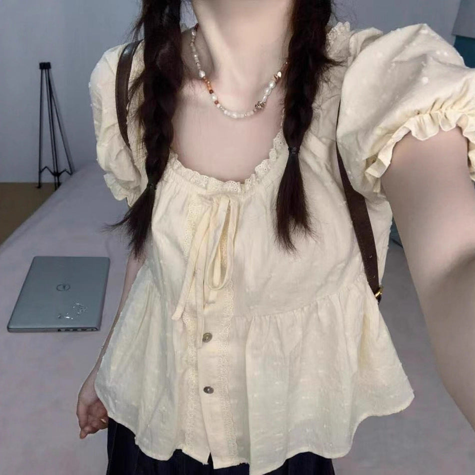 Women's Lace Trim Puff Sleeve Square Neck Chiffon Blouse