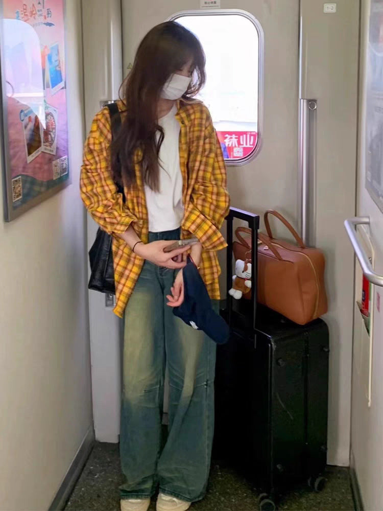 Women's Yellow Plaid Loose Fit Long Sleeve Casual Shirt