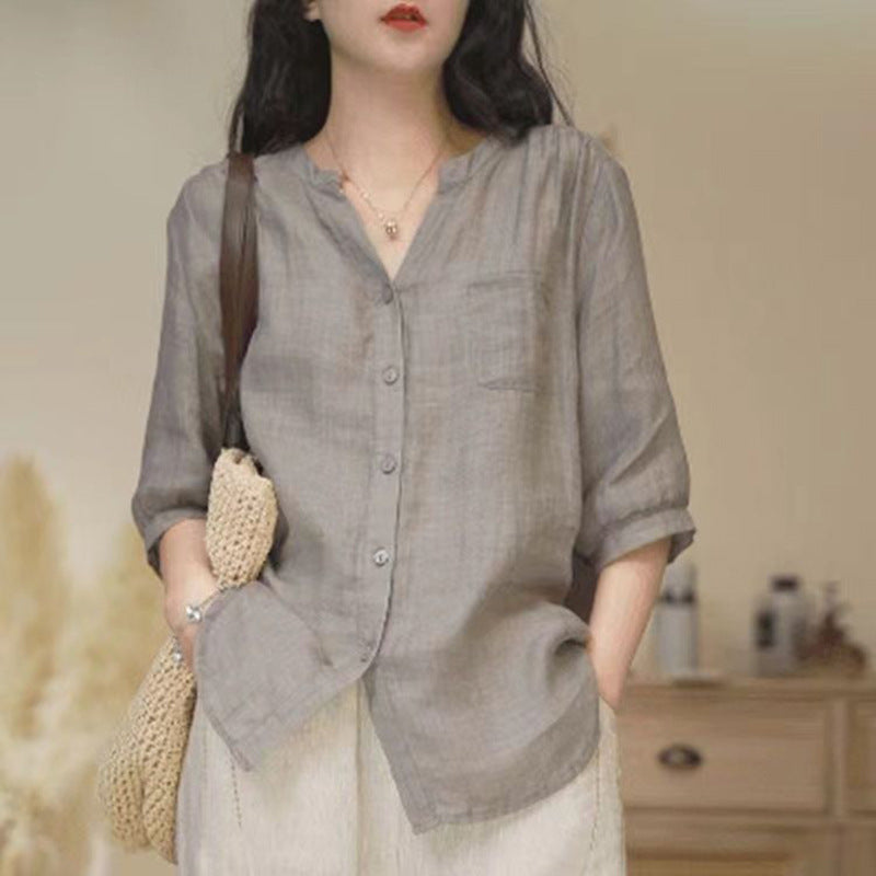 Women's Cotton Linen V-Neck Loose Fit Retro Shirt Jacket