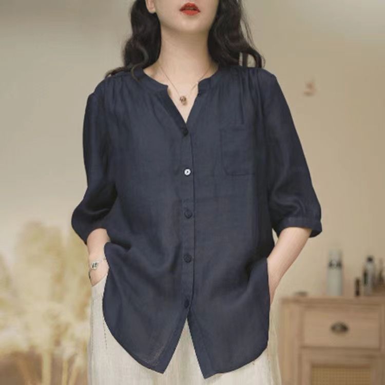 Women's Cotton Linen V-Neck Loose Fit Retro Shirt Jacket