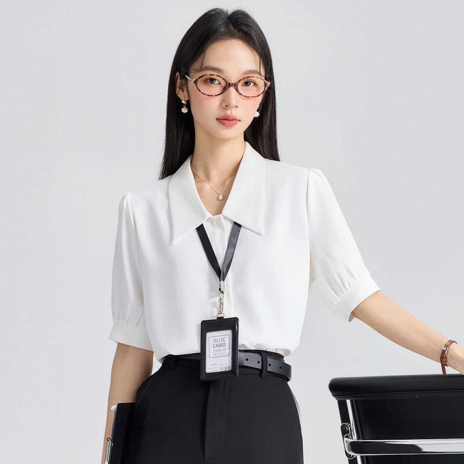Women's White Chiffon Short Sleeve V-Neck Office Shirt
