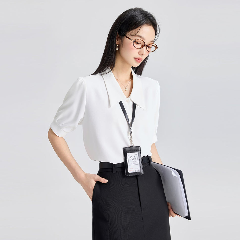 Women's White Chiffon Short Sleeve V-Neck Office Shirt