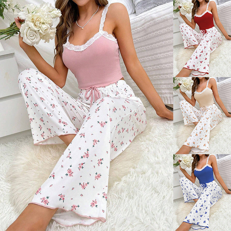 Women's Floral Suspender Pants Two Piece Casual Set