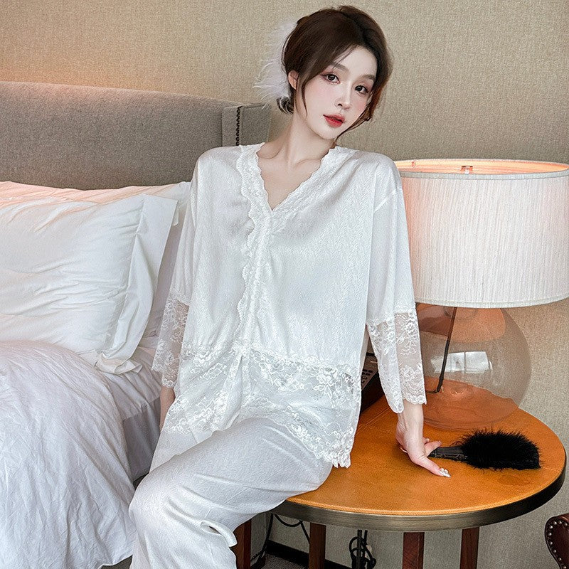 Women's V-Neck Ice Silk Lace Trim Pajama Set