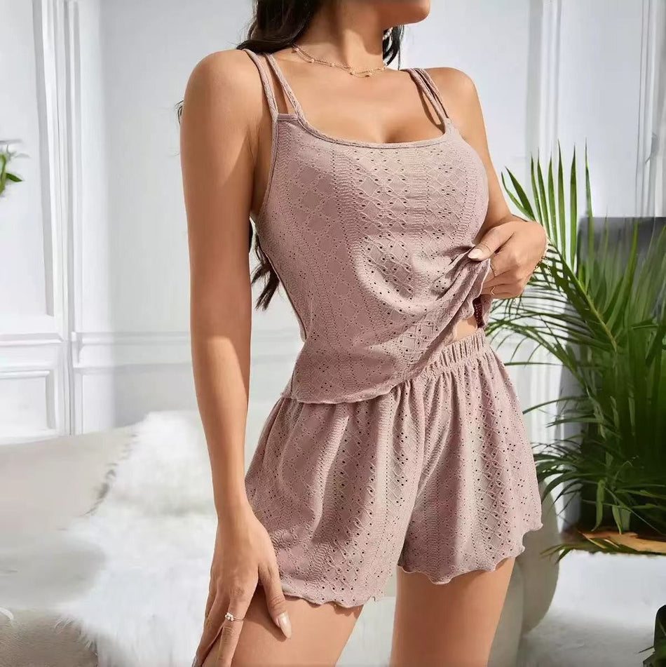Women's Jacquard Suspender Shorts Two Piece Lounge Set
