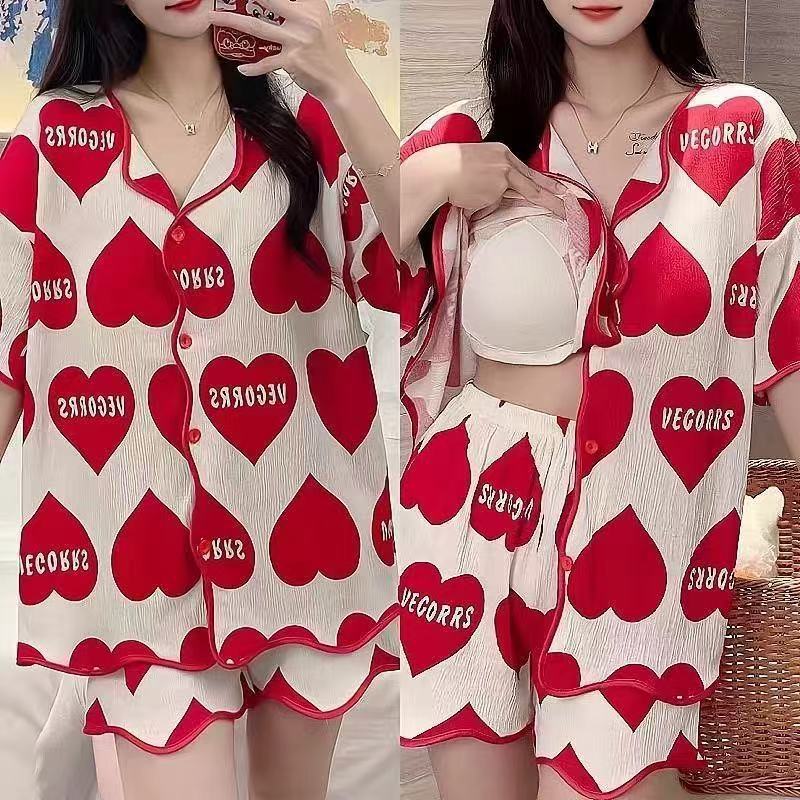 Women's Milk Silk Printed Cardigan Pajama Shorts Set