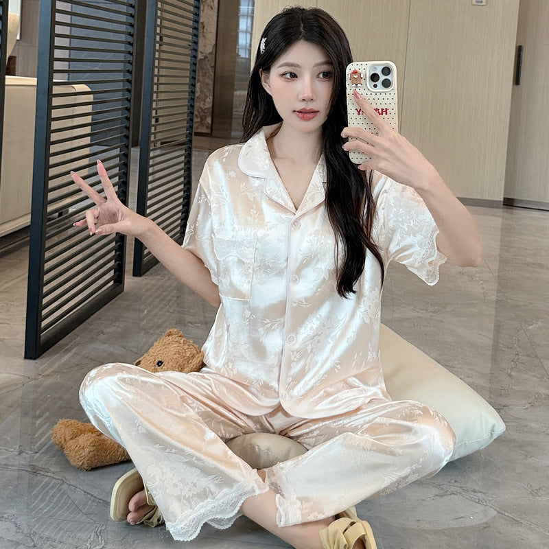 Women's Ice Silk Lace Short Sleeve Pajama Set