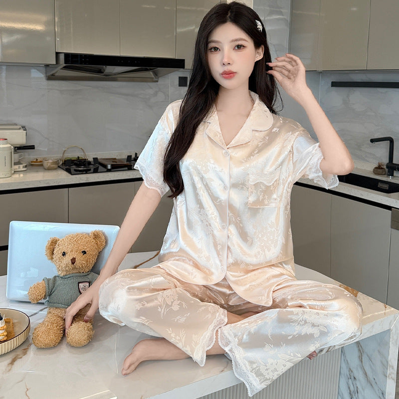 Women's Ice Silk Lace Short Sleeve Pajama Set