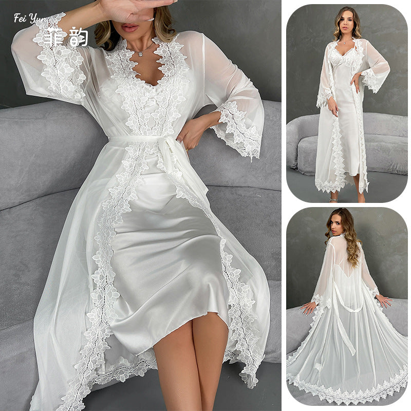 Women's Ice Silk V-Neck Robe Loungewear Set
