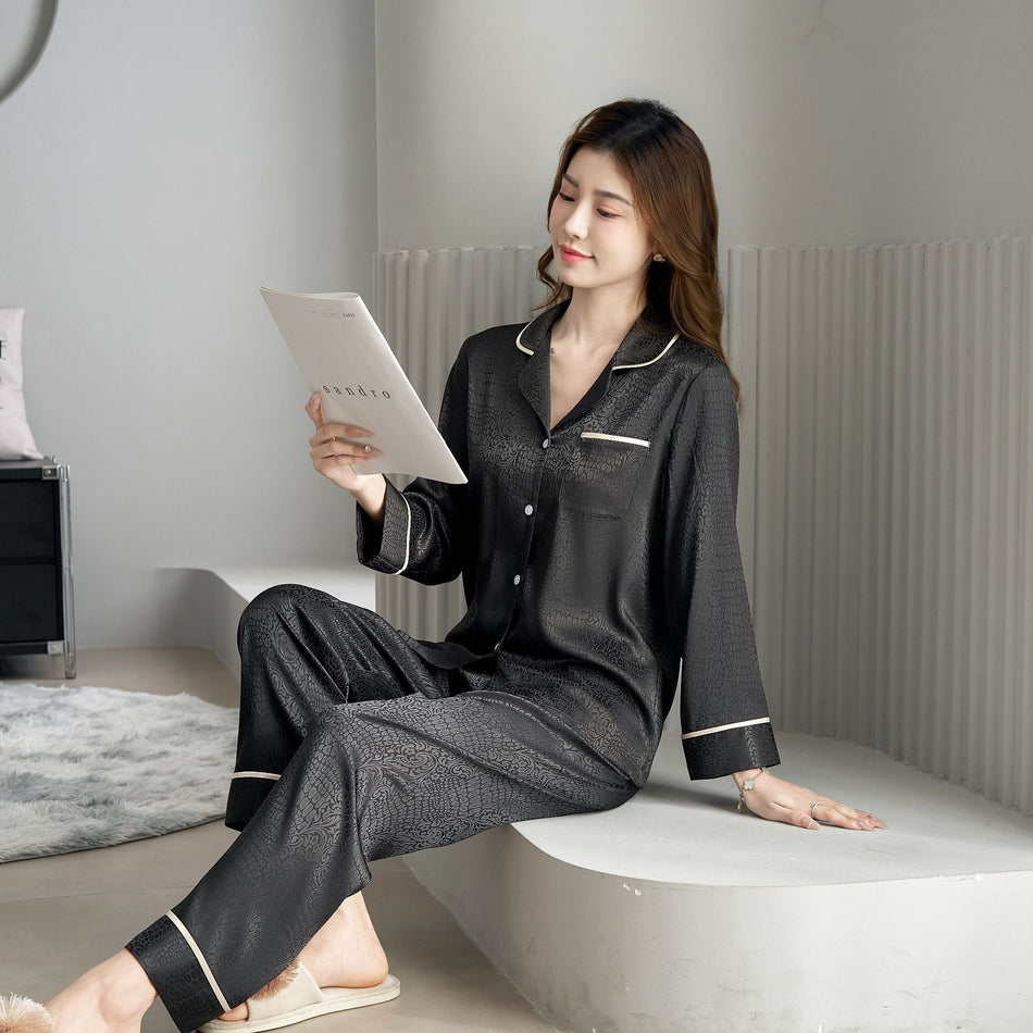Ice Silk Jacquard Long Sleeve Pajama Set for Women