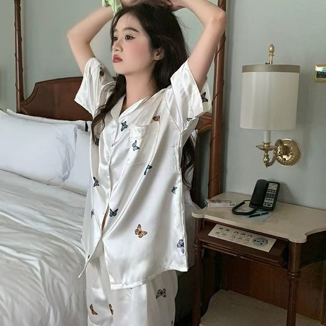 Women's Ice Silk Butterfly Pajama Set Short Sleeve Shorts