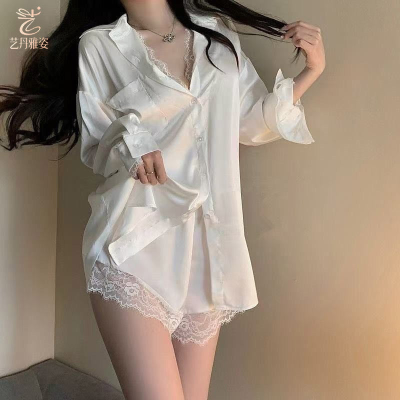 Women's Satin Lace Shirt and Shorts Pajama Set