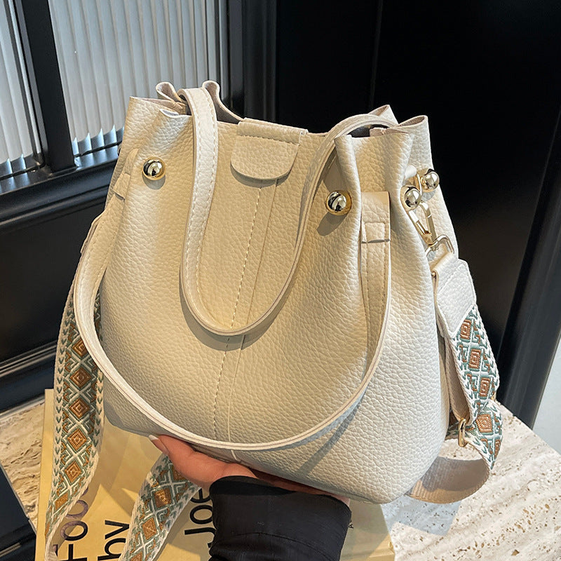 Women's PU Leather Wide Strap Bucket Crossbody Bag
