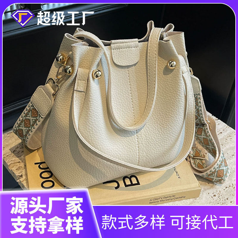Women's PU Leather Wide Strap Bucket Crossbody Bag