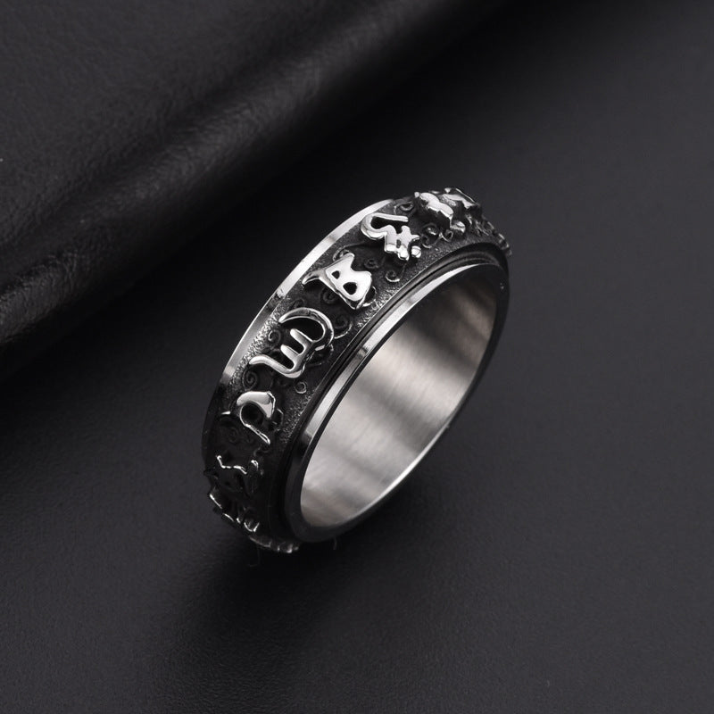 Stainless Steel Rotatable Mantra Ring Men's Vintage Jewelry