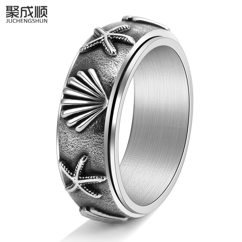 Marine Starfish Shell Rotatable Titanium Steel Ring for Men