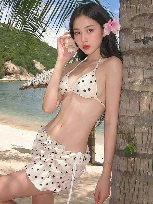 Women's Polka Dot Three-Piece Bikini Set with Beach Cover-Up