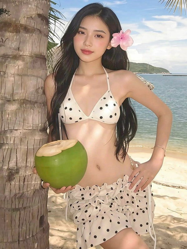 Women's Polka Dot Three-Piece Bikini Set with Beach Cover-Up