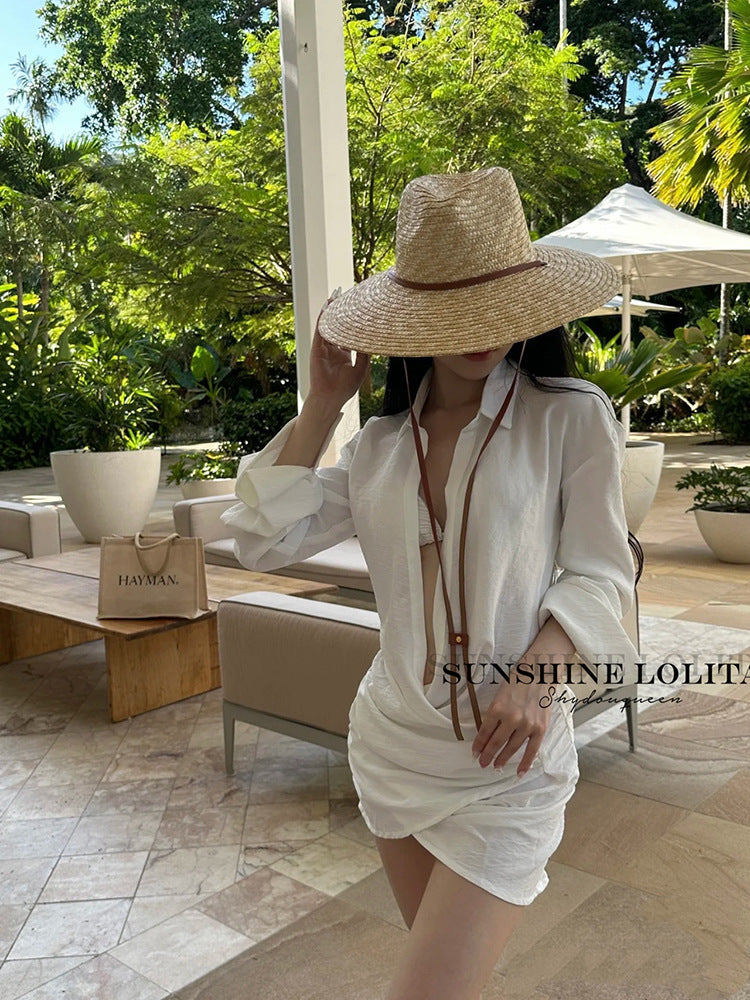 Women's Three-Piece Bikini Set with Beach Shirt Cover-Up