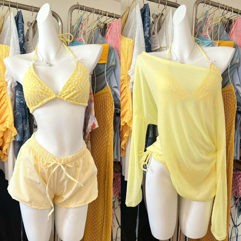 Women's Four-Piece Bikini Set with Long Sleeve Beach Cover-Up