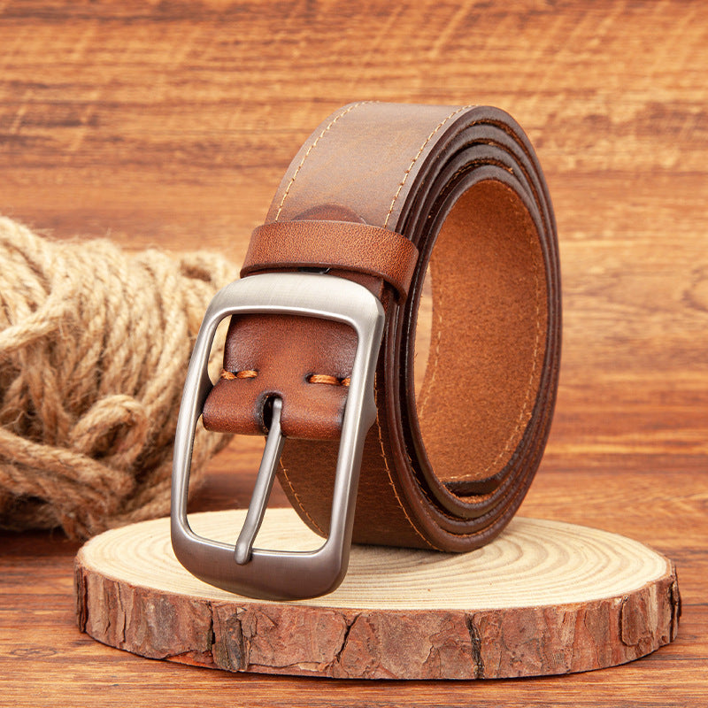 Men's Genuine Cowhide Leather Vintage Pin Buckle Belt
