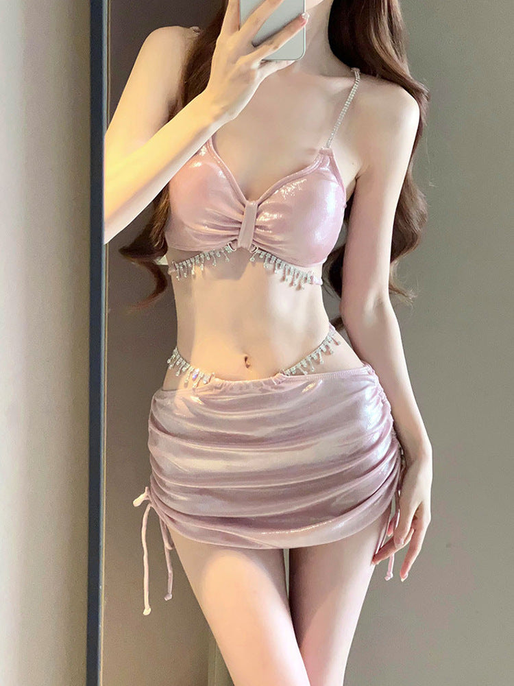 Women's Rhinestone Three-Piece Bikini Set with Beach Cover-Up