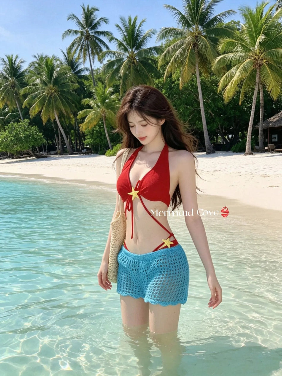 Women's Three-Piece Bikini Set with Mesh Cover-Up Pants