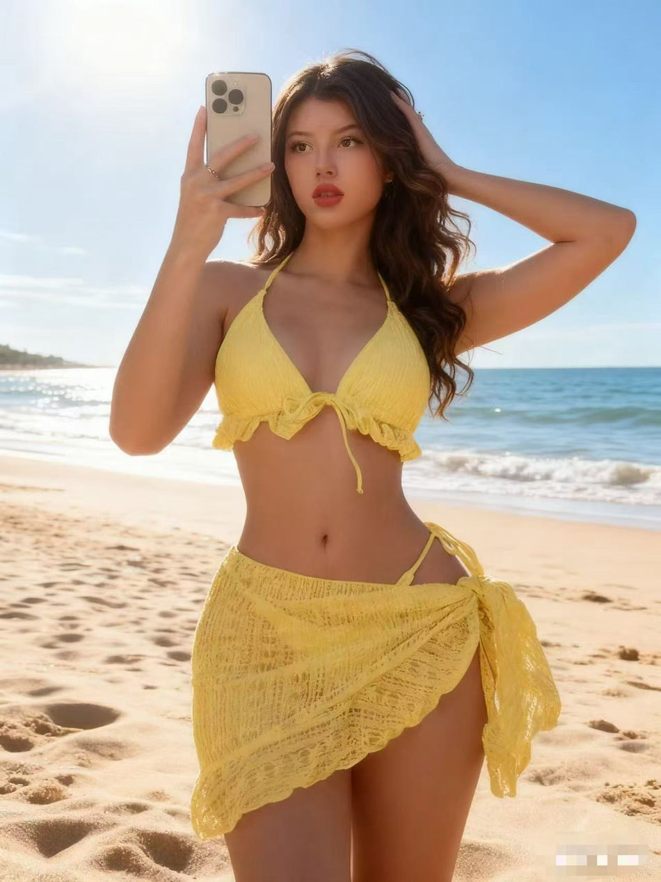 Women's Mesh Three-Piece Bikini Set with Sheer Cover-Up