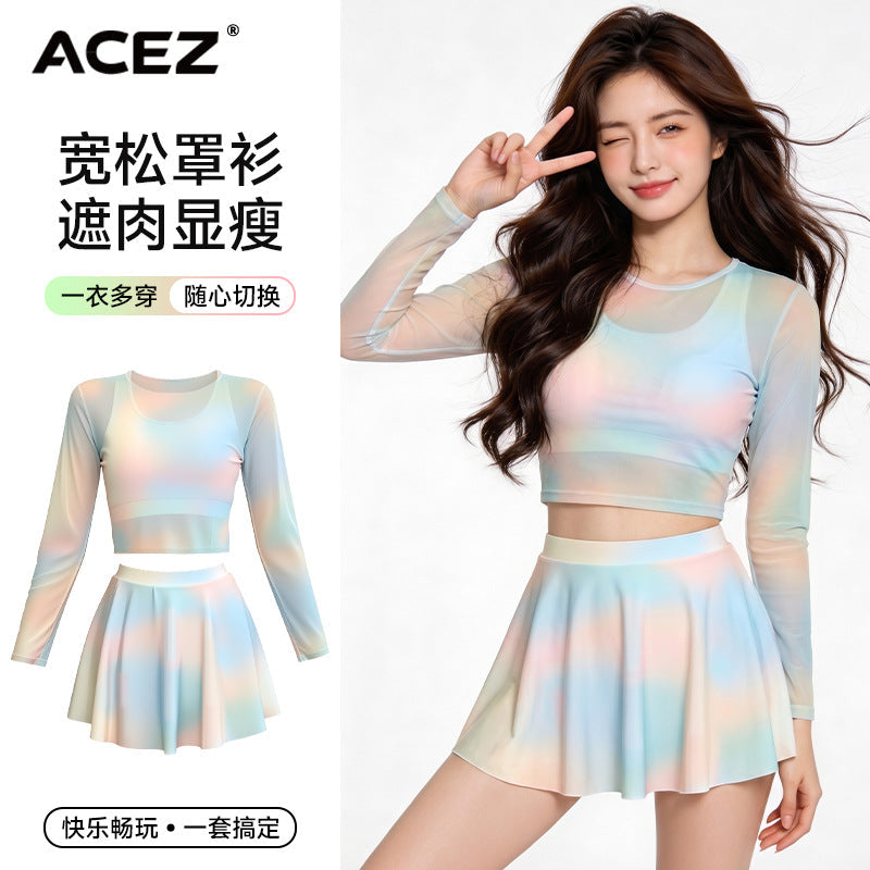 Women's Tie-Dye Three-Piece Bikini Set with Long Sleeve Mesh