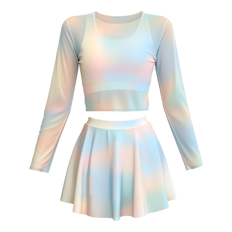 Women's Tie-Dye Three-Piece Bikini Set with Long Sleeve Mesh