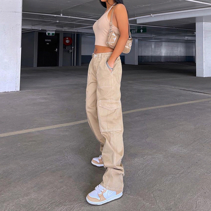 Women's High Waist Straight Leg Cargo Denim Jeans
